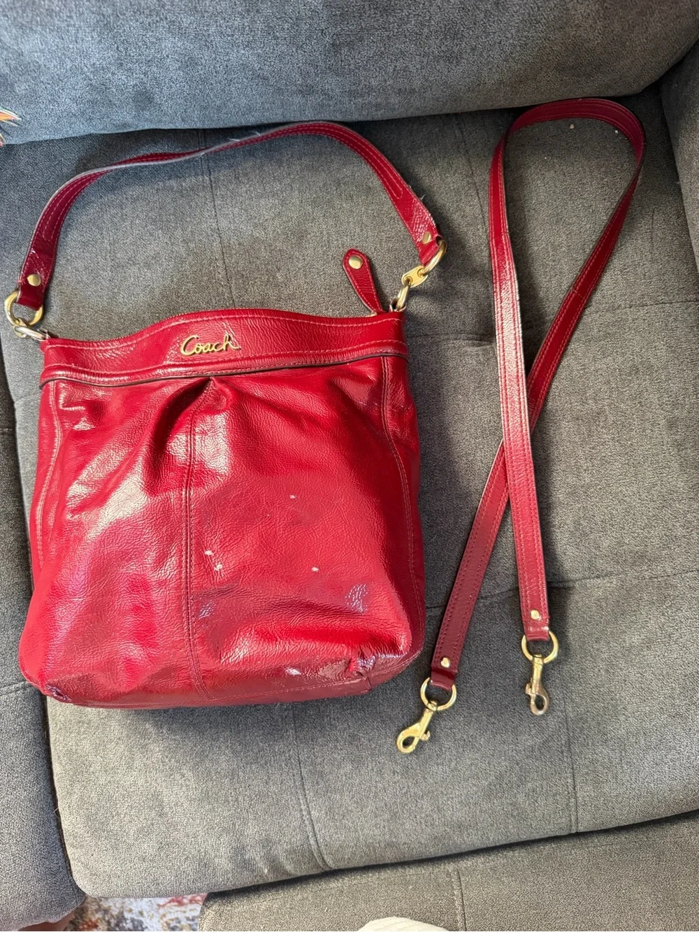 Coach Ashley Patent Leather Convertible Hobo - Red Burgundy (Style F20462)